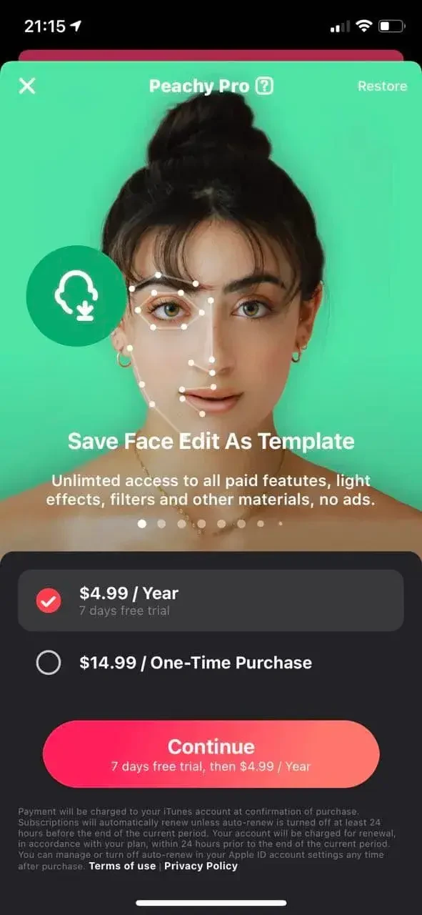 Peachy paywall screen