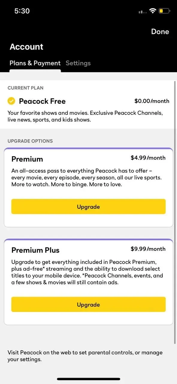 Peacock TV paywall screen