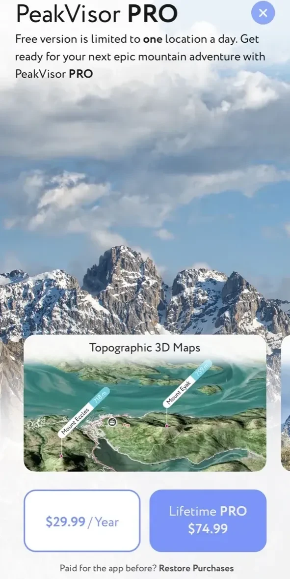 Hiking Maps paywall screen