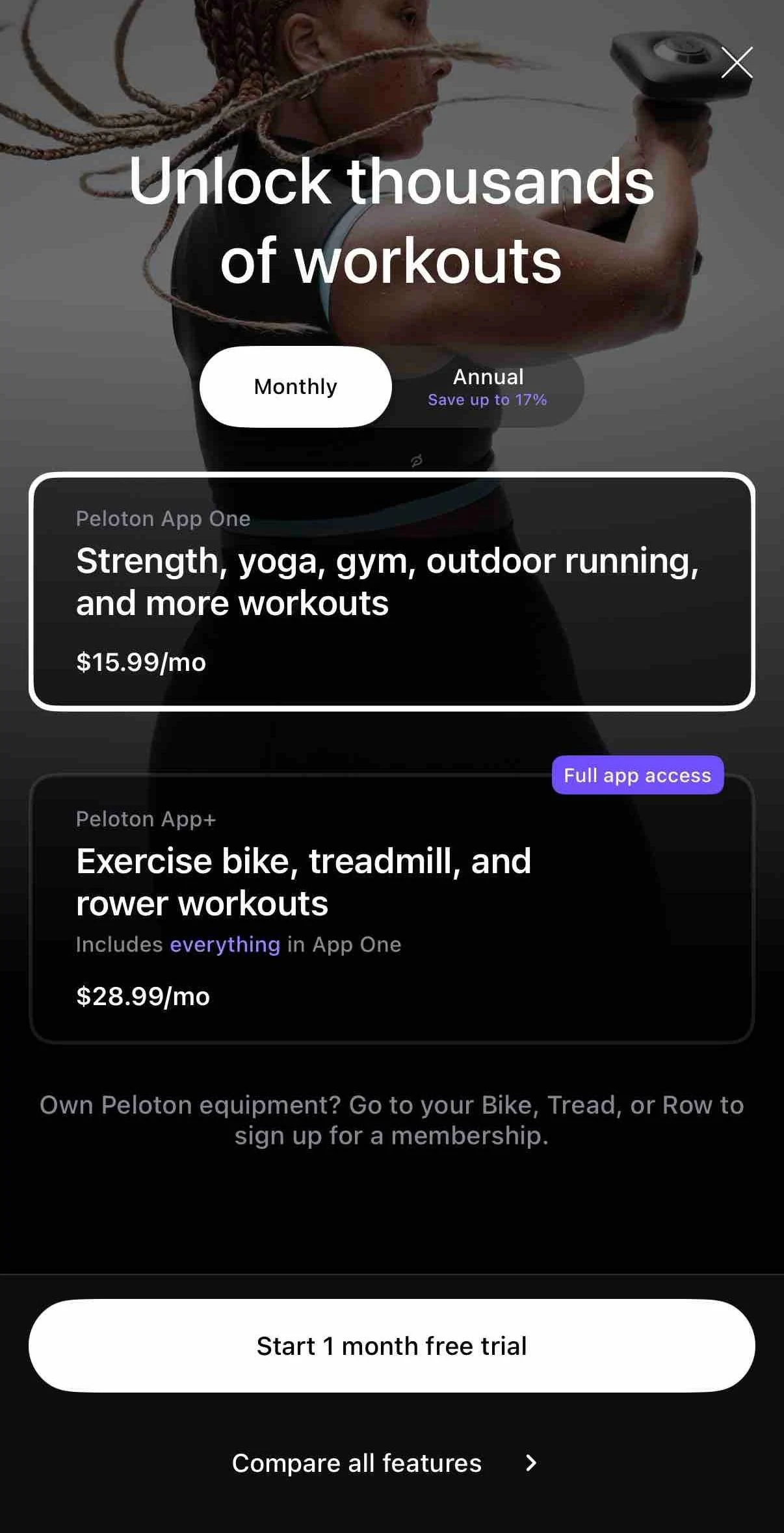 Peloton paywall screen