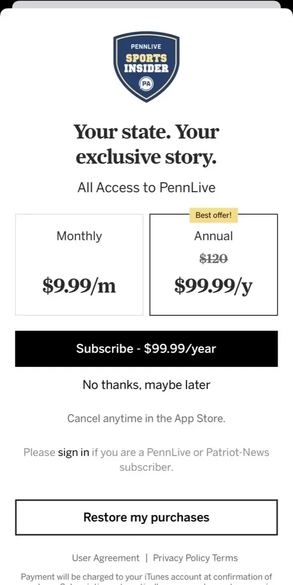 Penn State Football News paywall screen