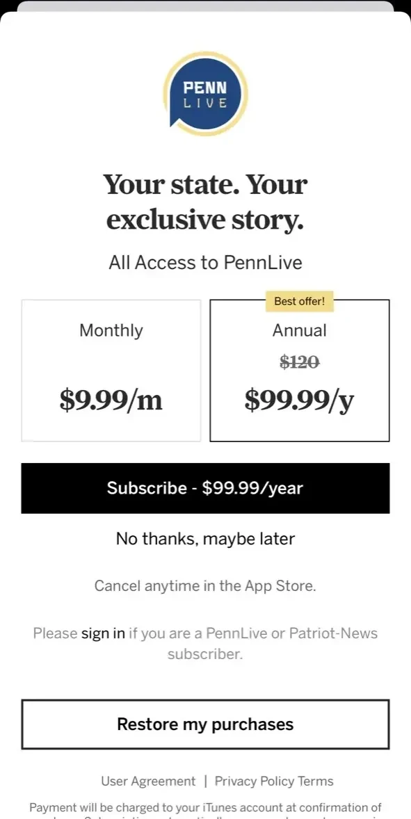 PennLive paywall screen