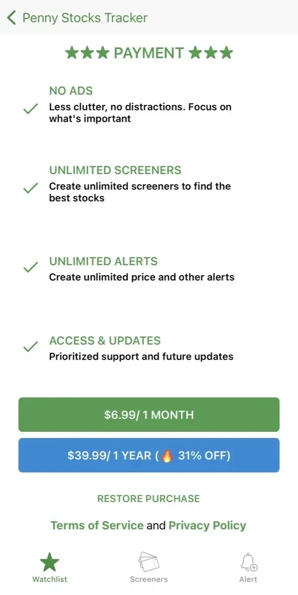 Penny Stocks Tracker paywall screen