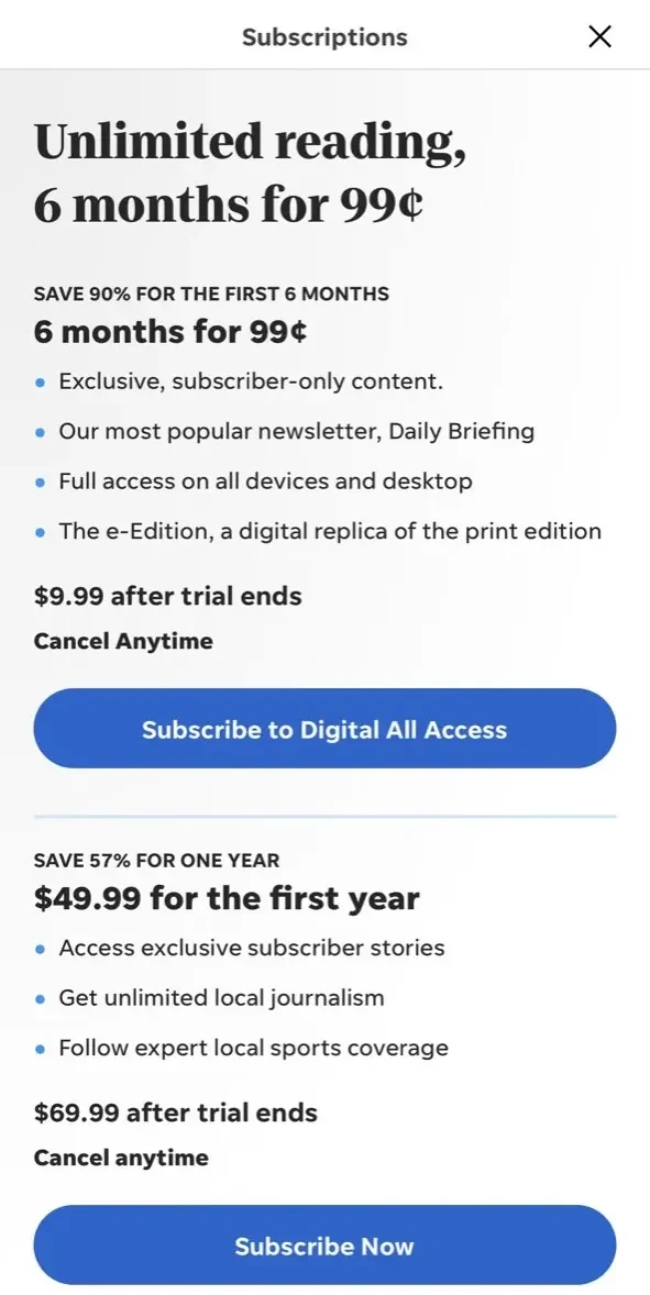 Pensacola News Journal paywall screen