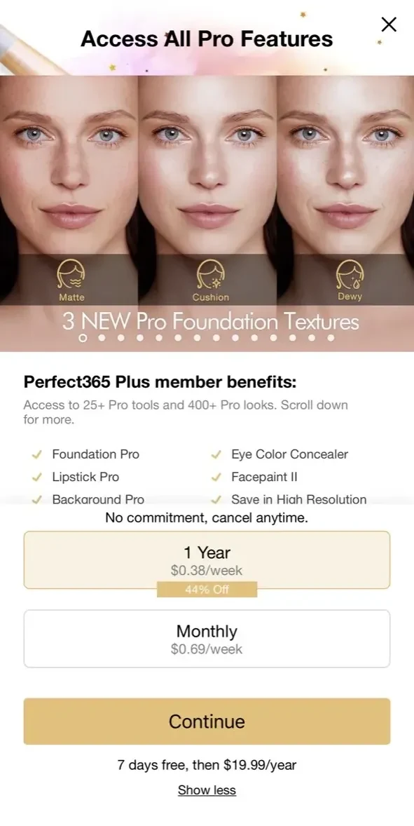 Perfect365 Makeup Photo Editor paywall screen
