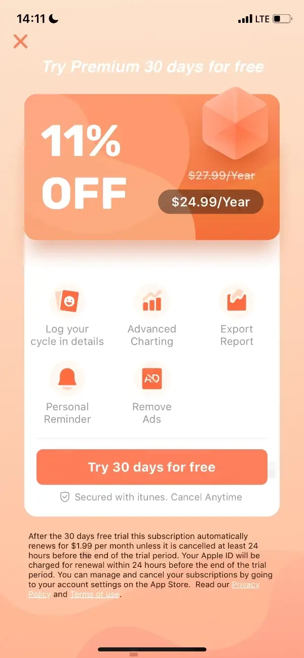 Period Tracker paywall screen