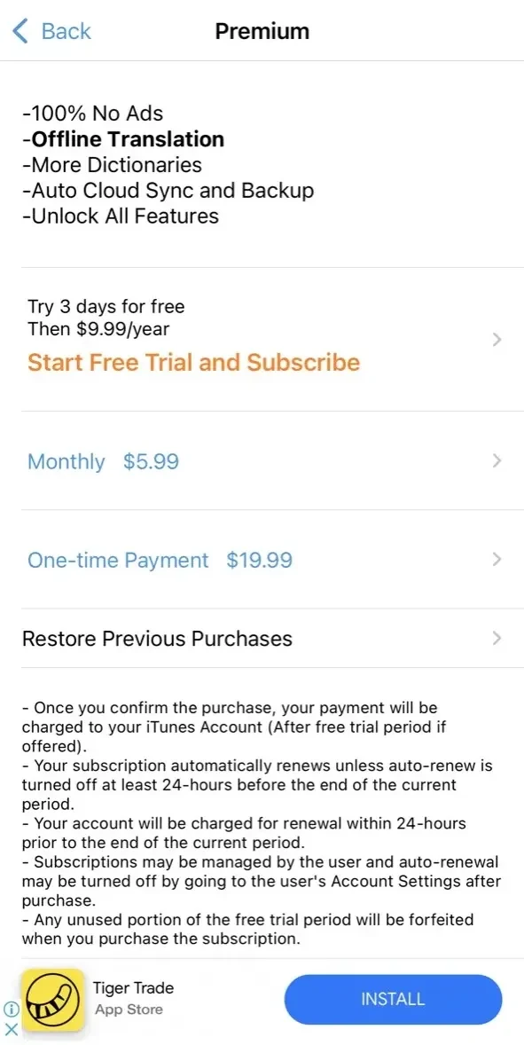 Persian Dictionary paywall screen