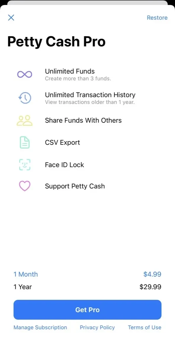 Petty Cash paywall screen