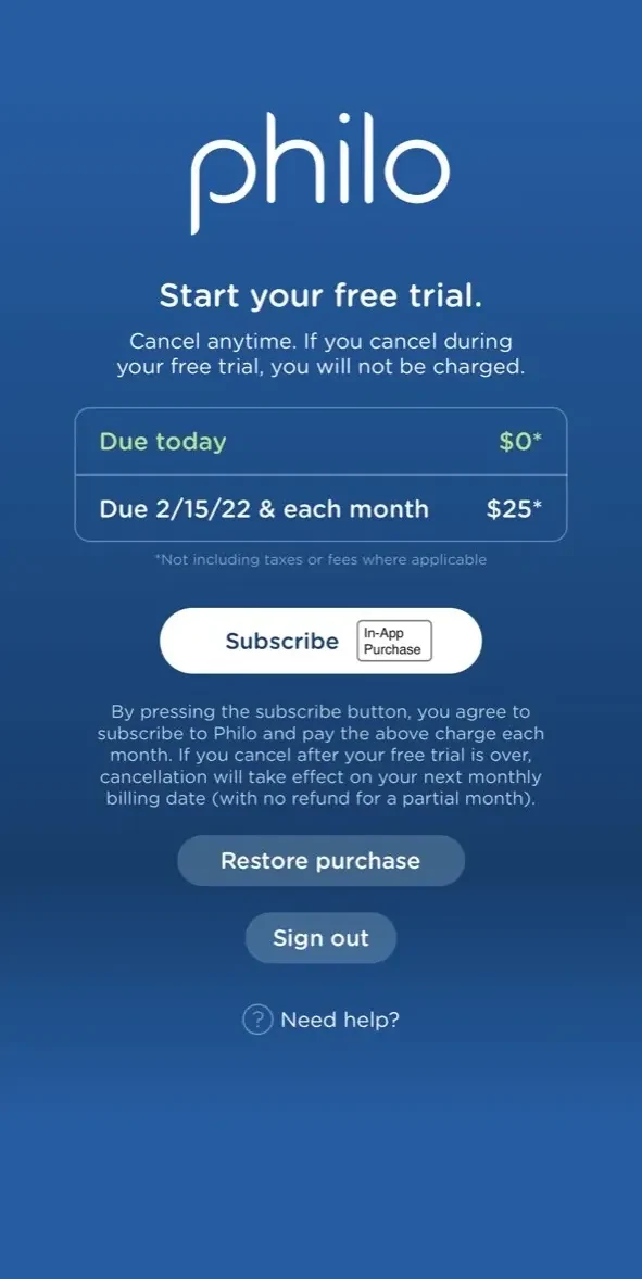 Philo paywall screen