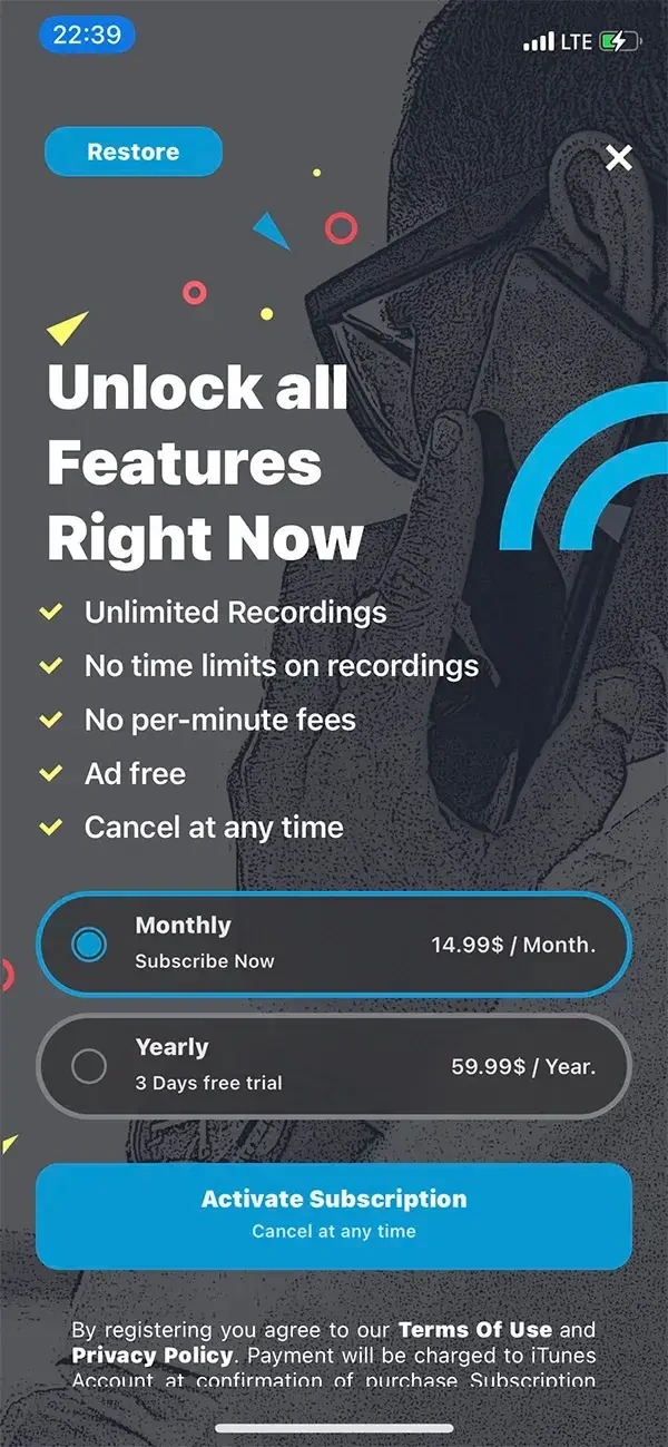 Phone Call Recorder ACR paywall screen