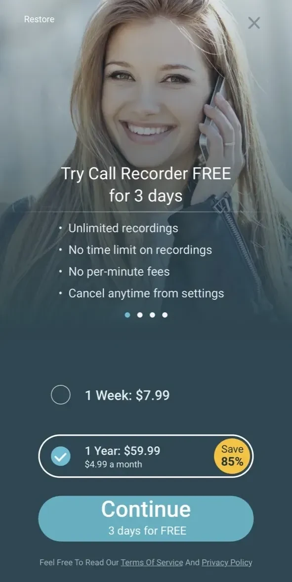 Phone Call Recorder Free of paywall screen
