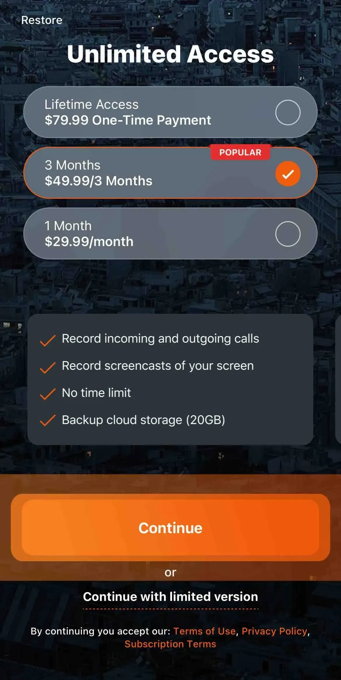 Phone Call Recorder PRO paywall screen