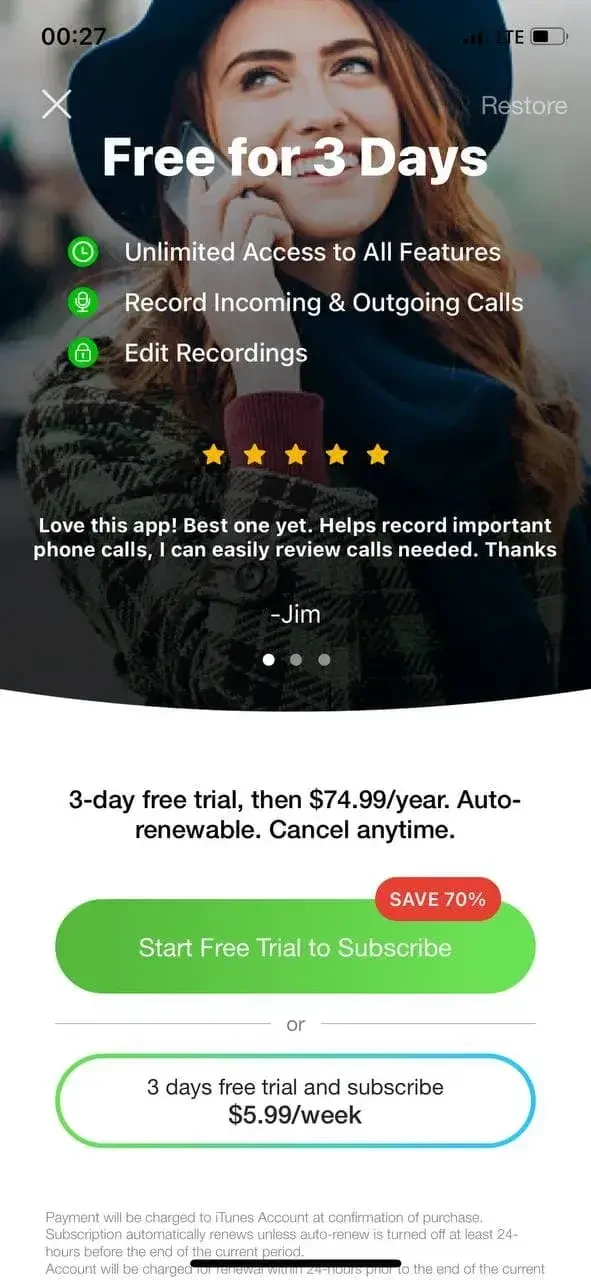 Phone Call Recorder paywall screen