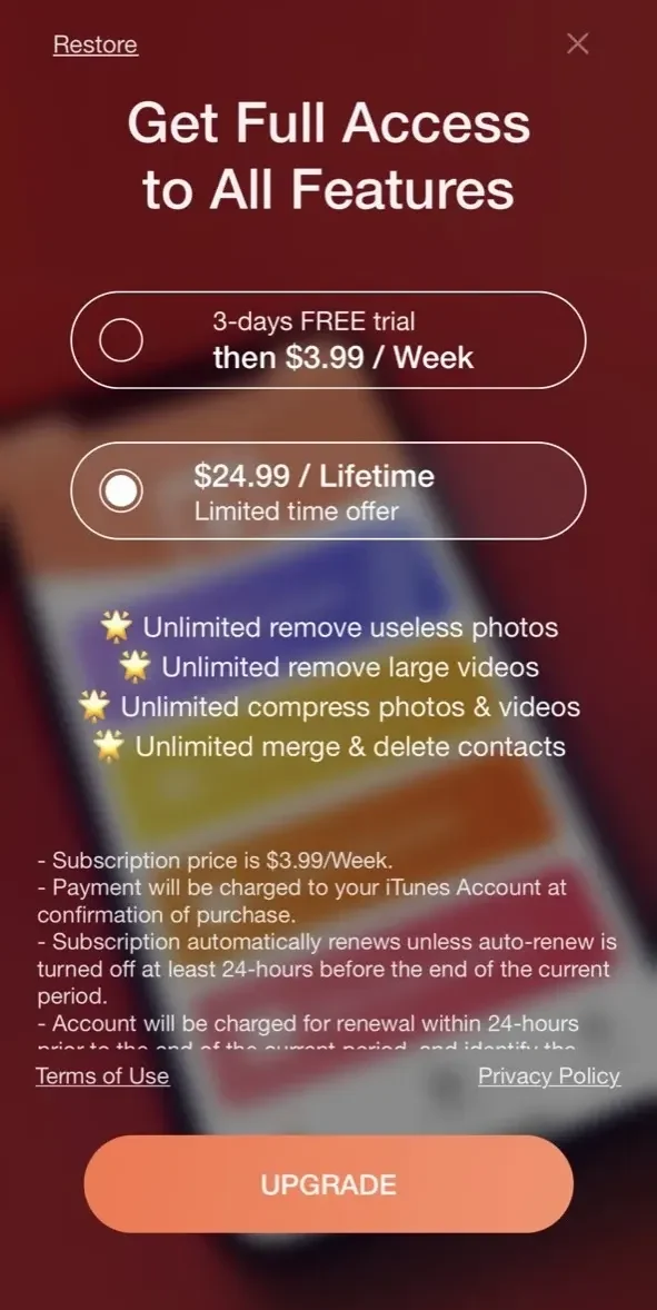 Phone Cleaner paywall screen