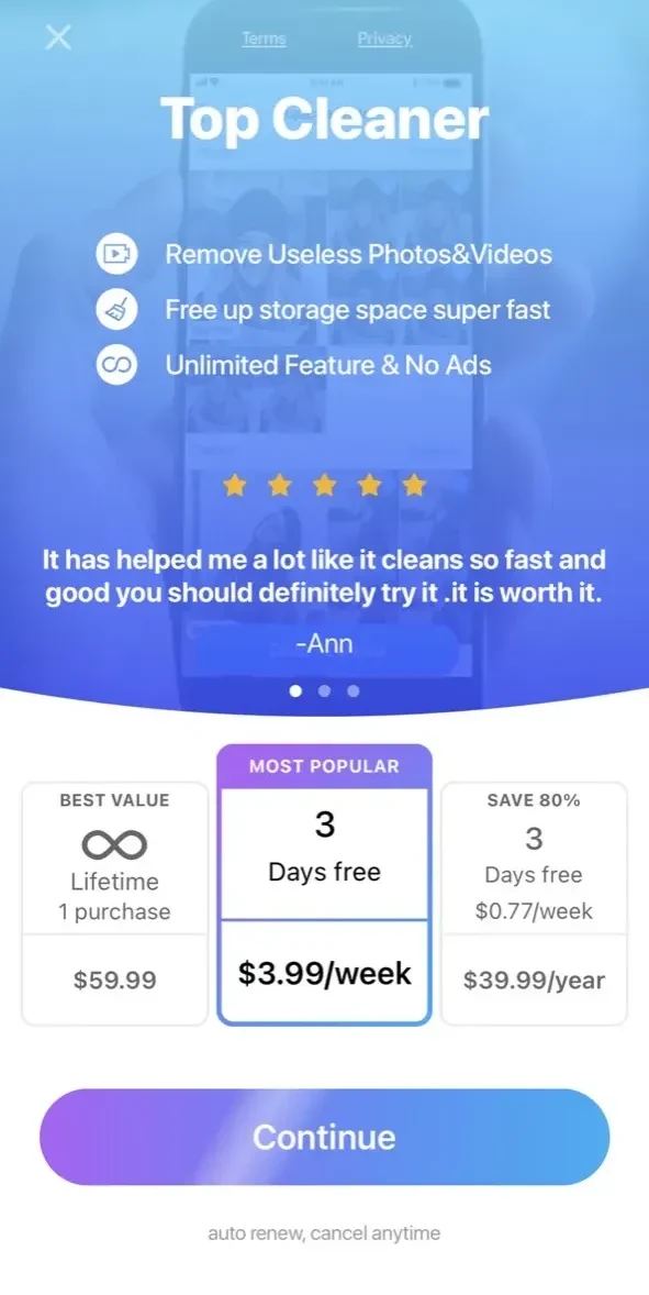Phone Cleaner paywall screen
