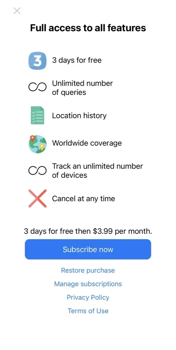 Phone number location tracker paywall screen