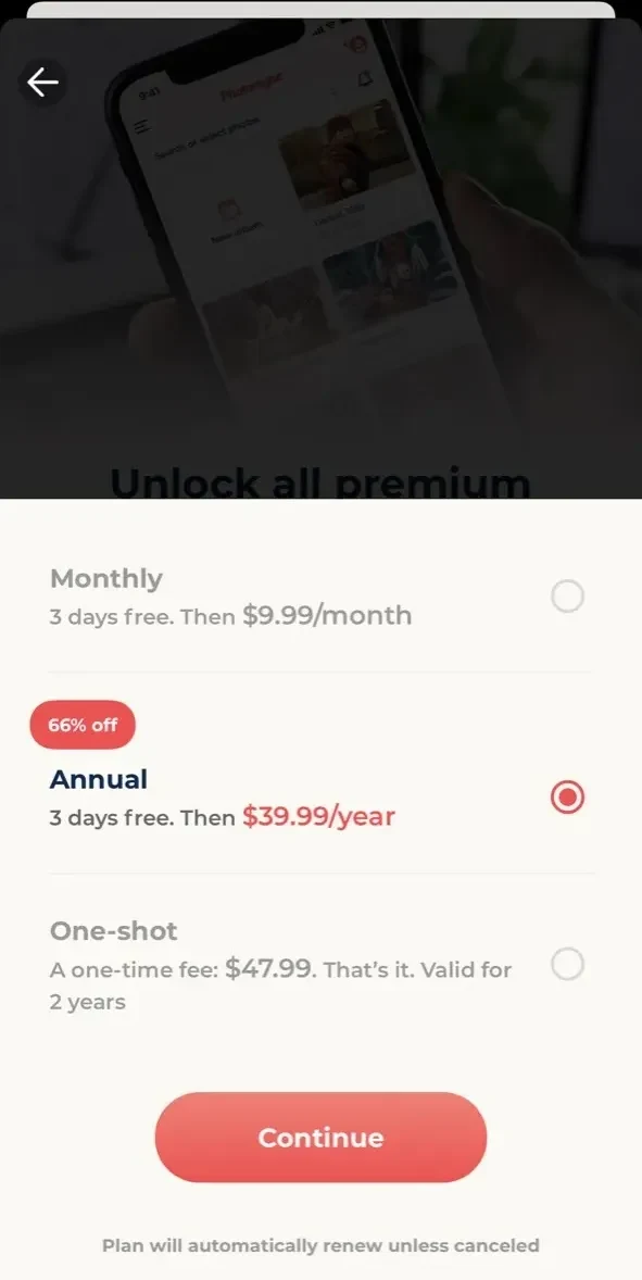 Photo Scan App paywall screen