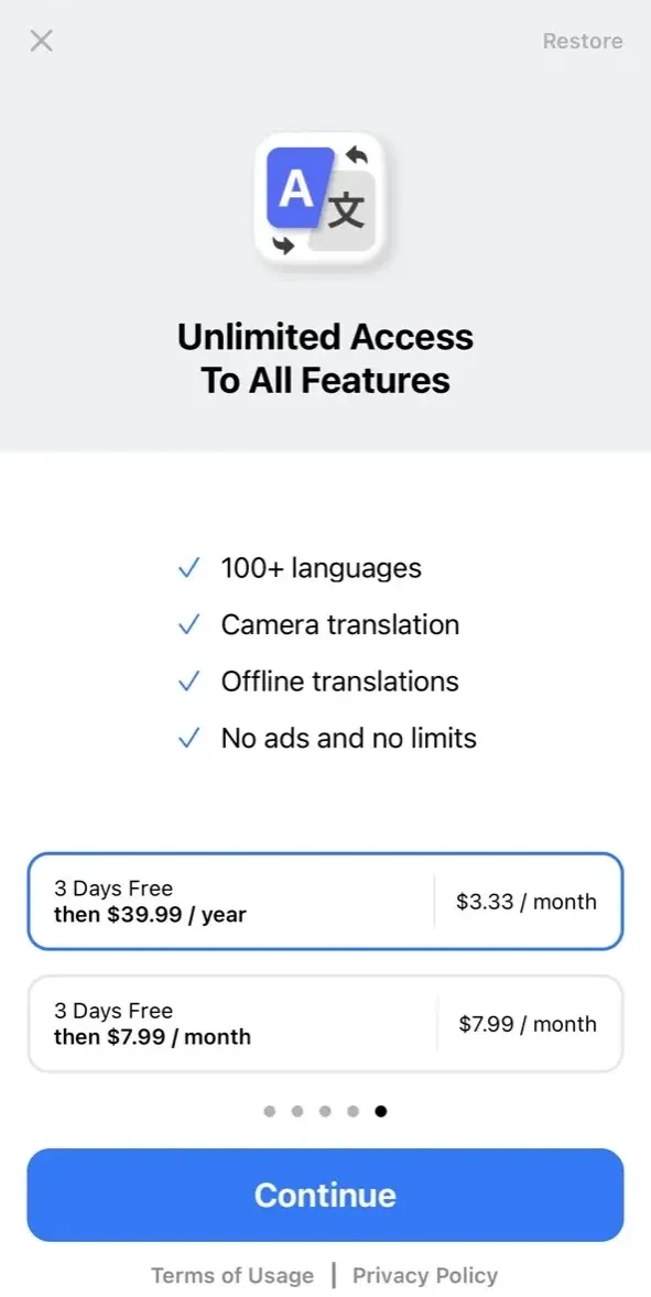 Photo Translator ® paywall screen