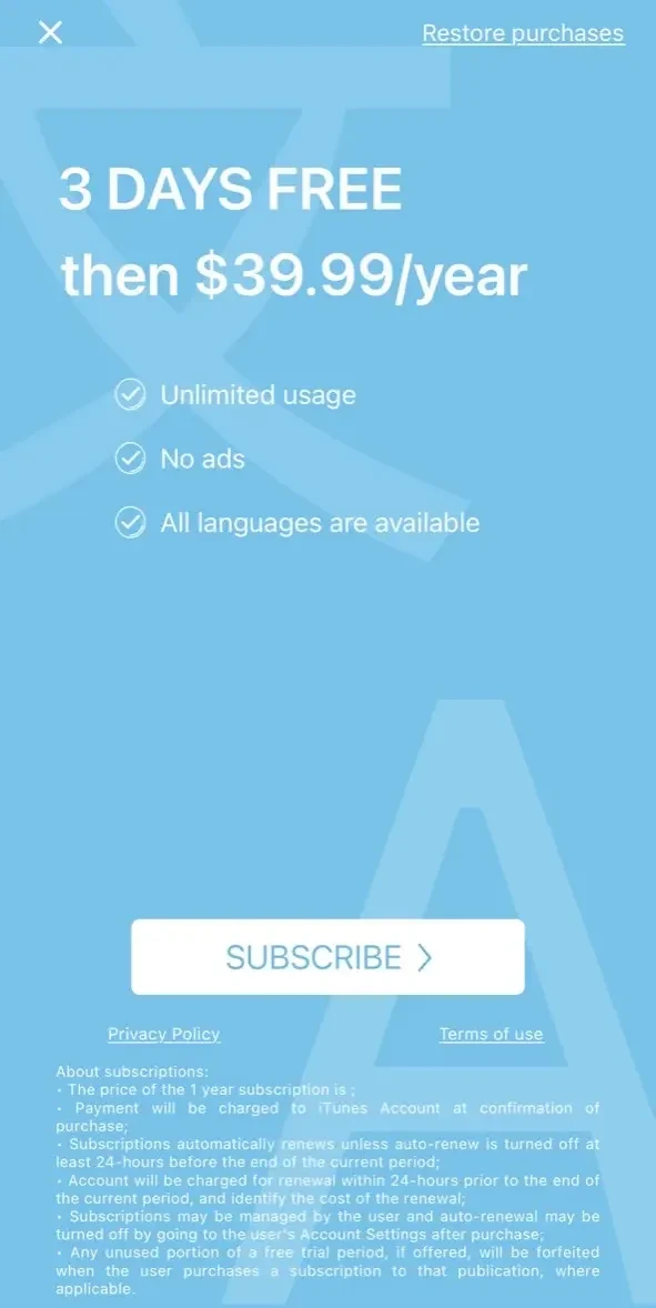 Camera Photo Translator HD paywall screen