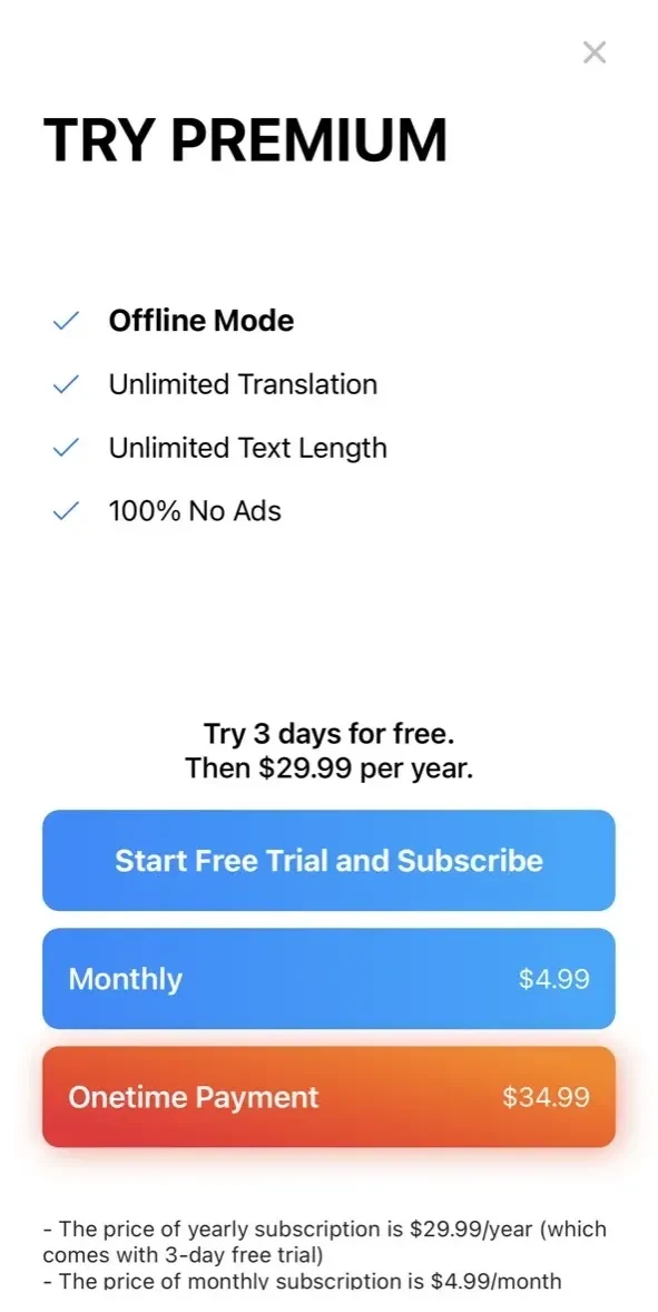 Photo Translator paywall screen