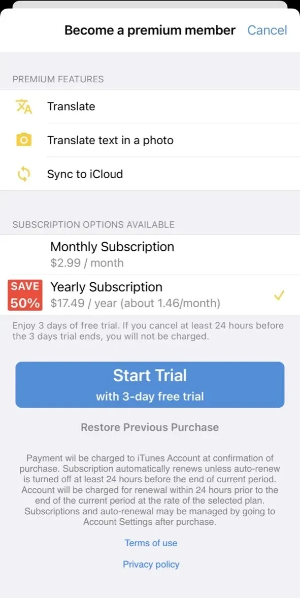 Photo Translator paywall screen
