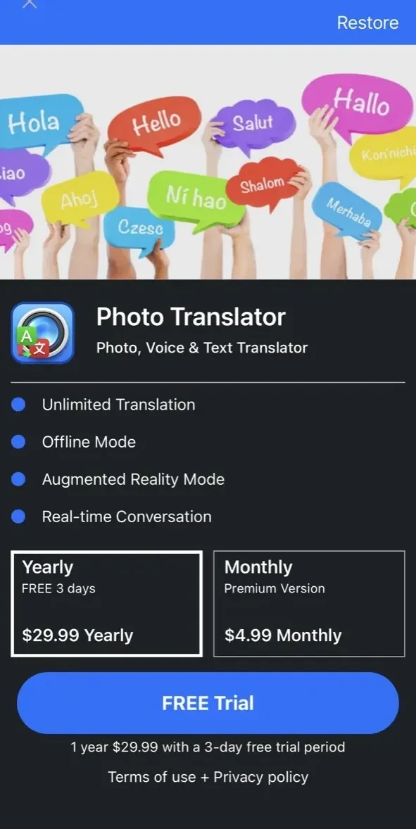 Photo Translator paywall screen