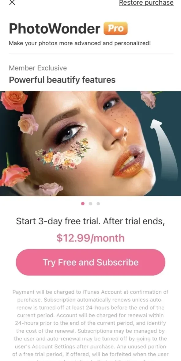 Photo Wonder paywall screen