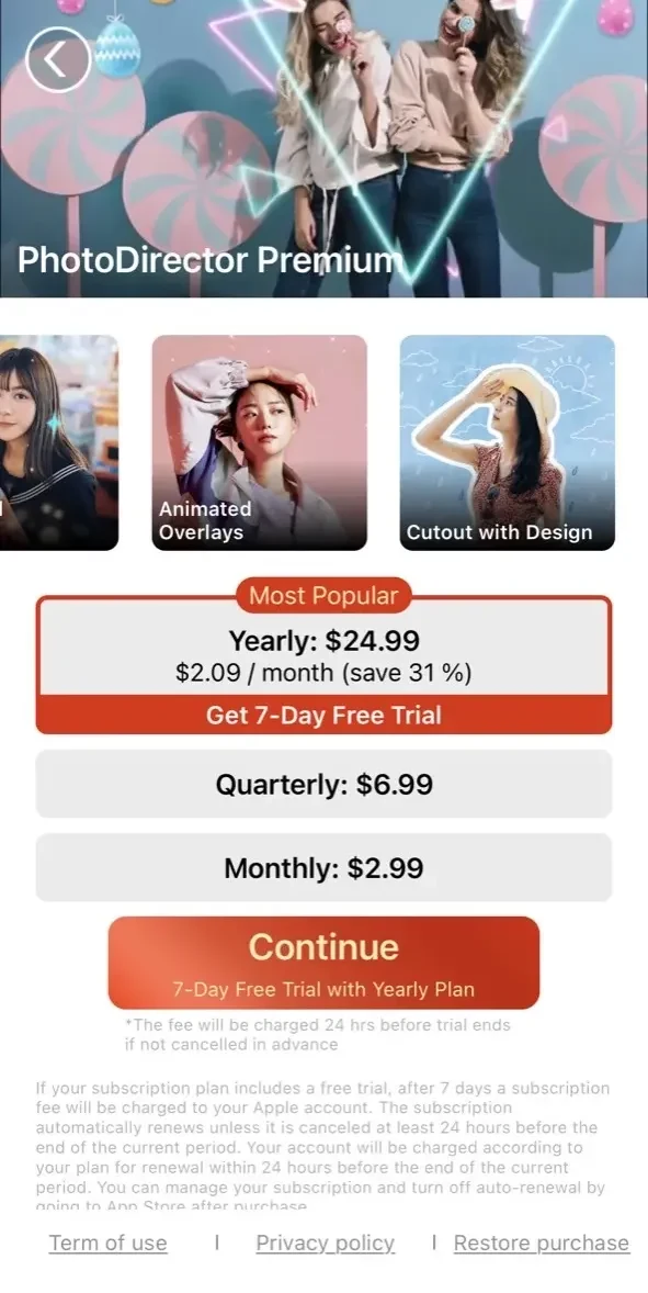PhotoDirector paywall screen