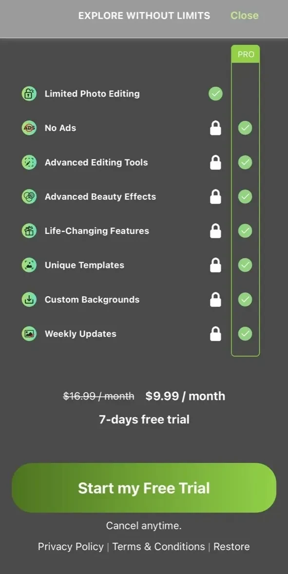 Photolift paywall screen
