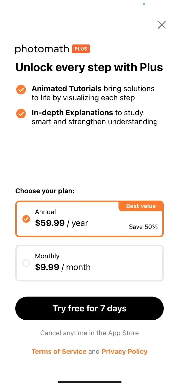 Photomath paywall screen