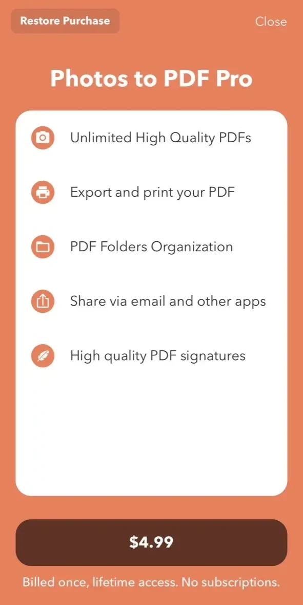 Photos PDF paywall screen