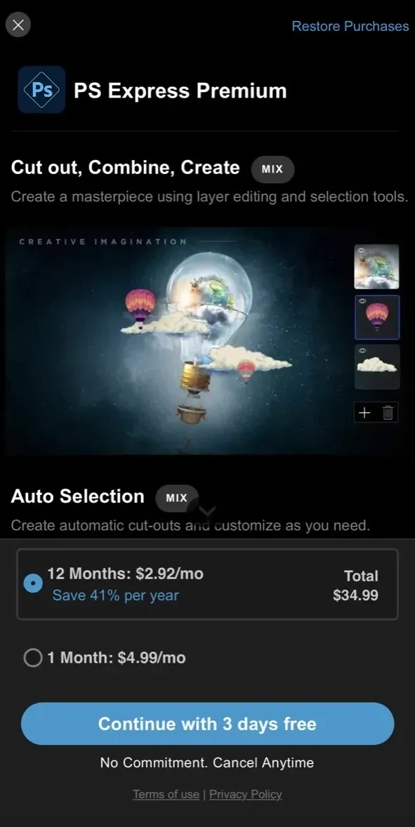 Photoshop Express Photo Editor paywall screen
