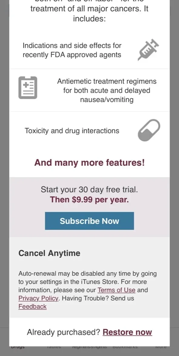 Physicians Cancer Chemotherapy paywall screen