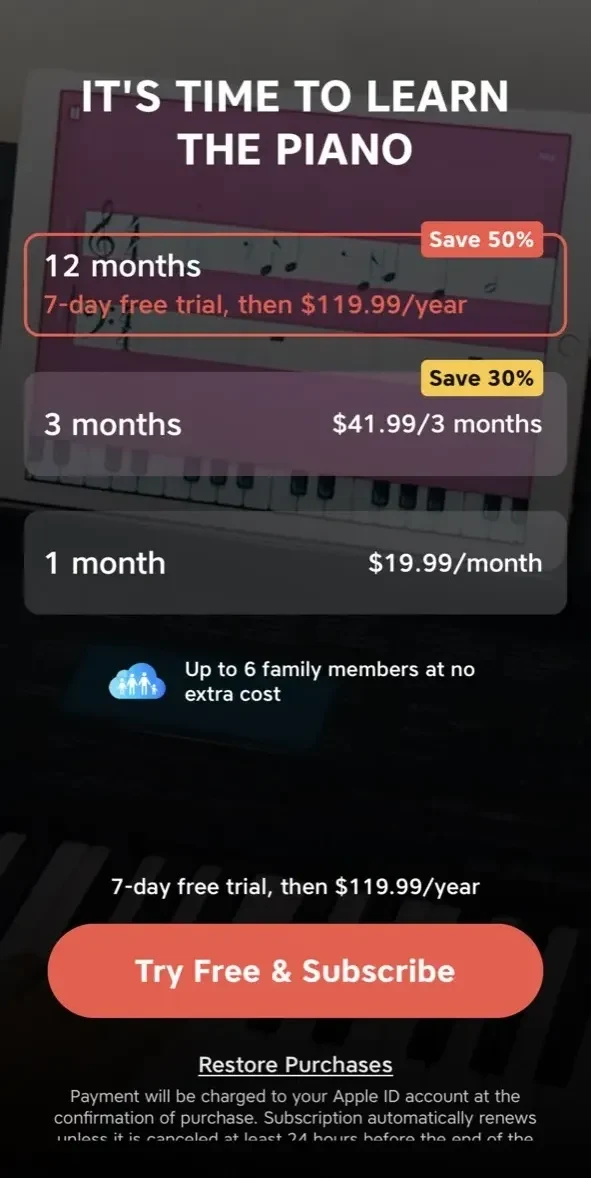 Piano Academy paywall screen