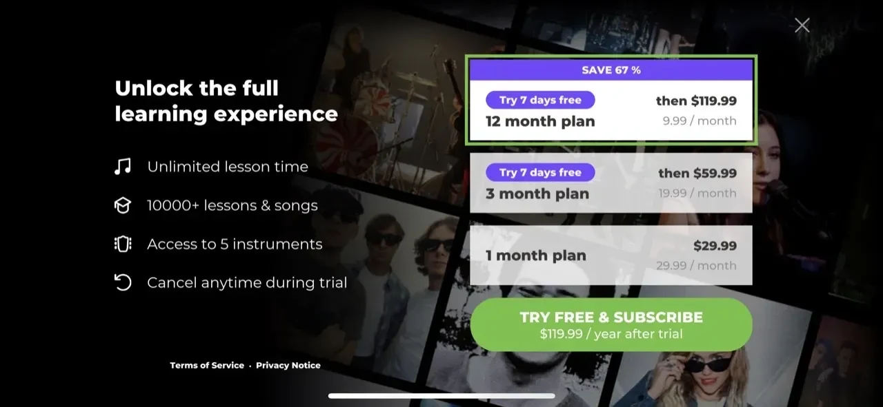 Yousician paywall screen