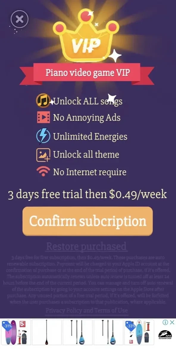 Piano paywall screen