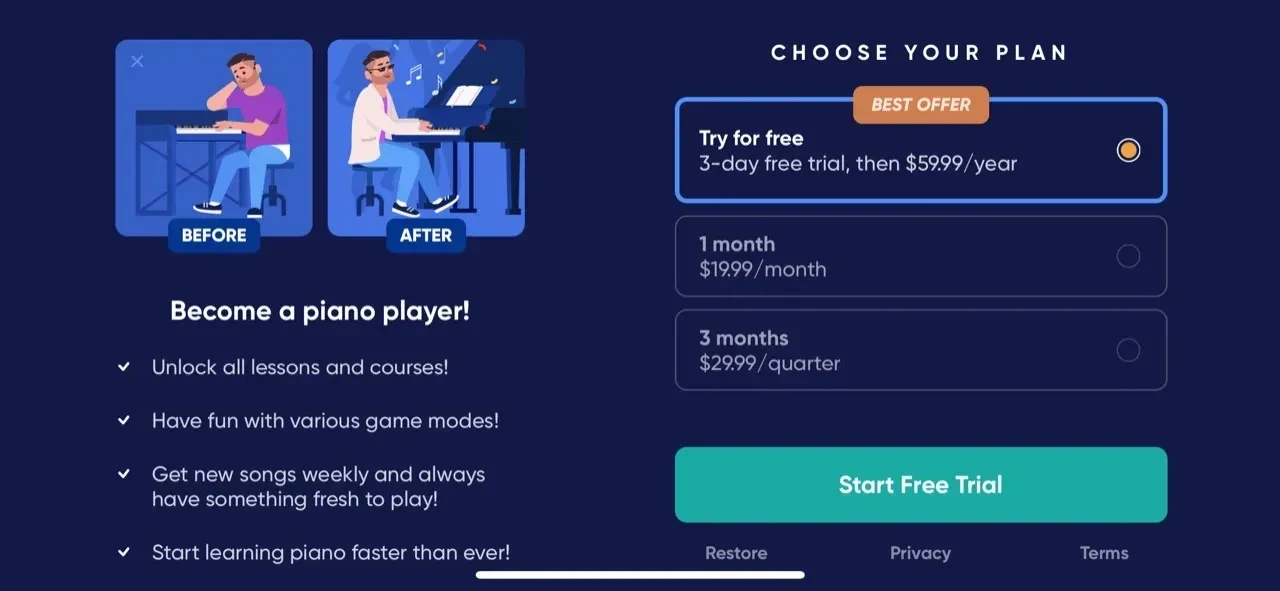 Piano Way paywall screen