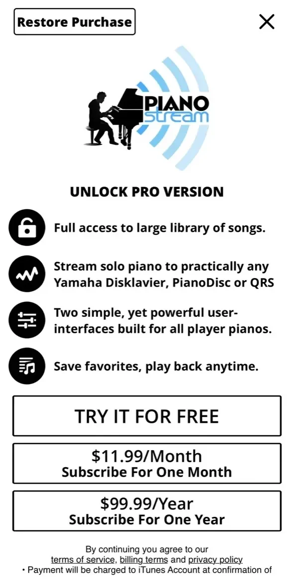 PianoStream Piano MIDI Player paywall screen