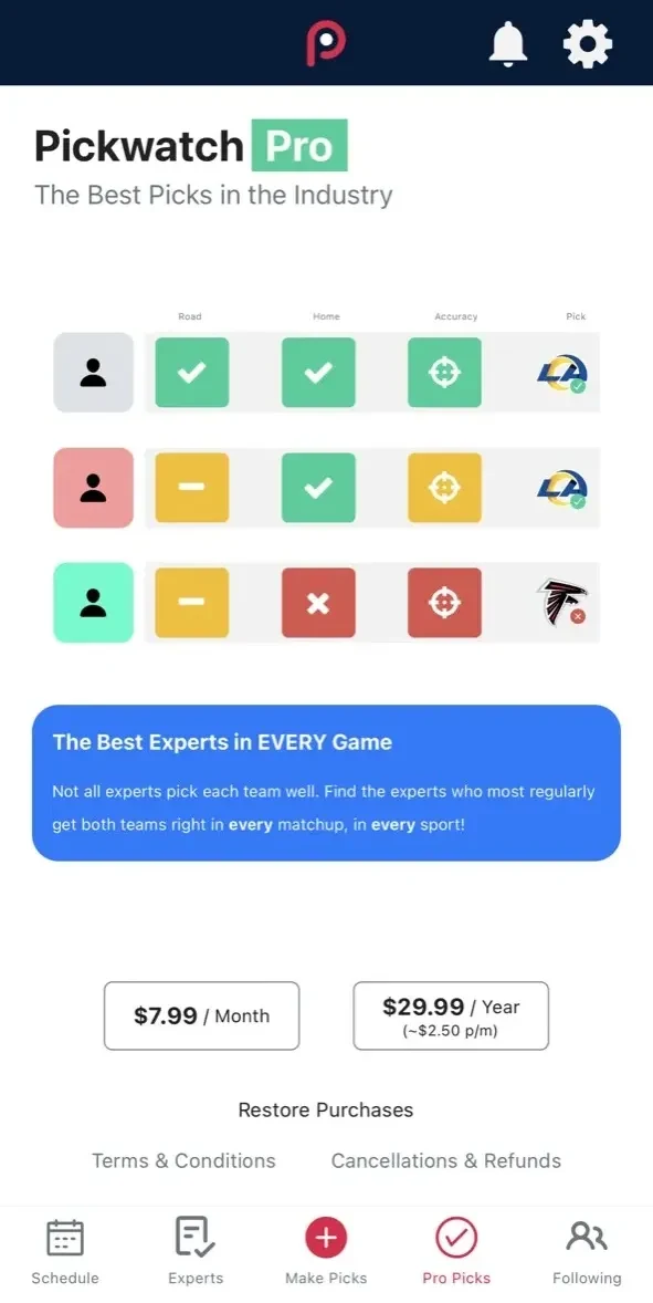 Pickwatch paywall screen