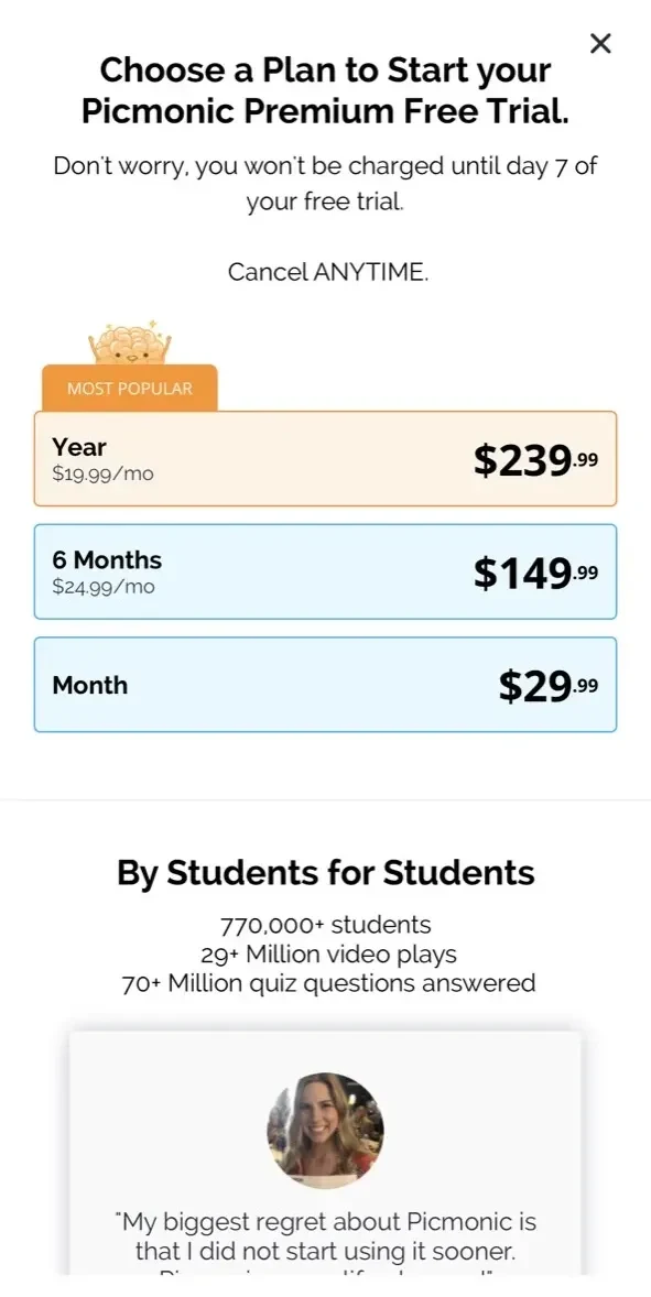 Picmonic Medical Education paywall screen