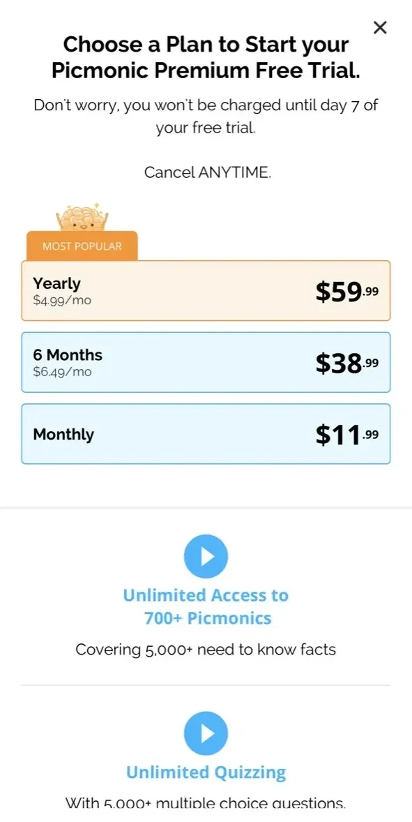 Picmonic Nursing School Study paywall screen