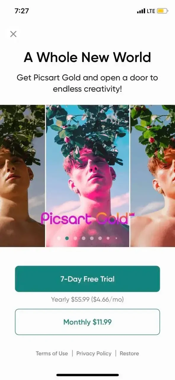 Picsart paywall screen