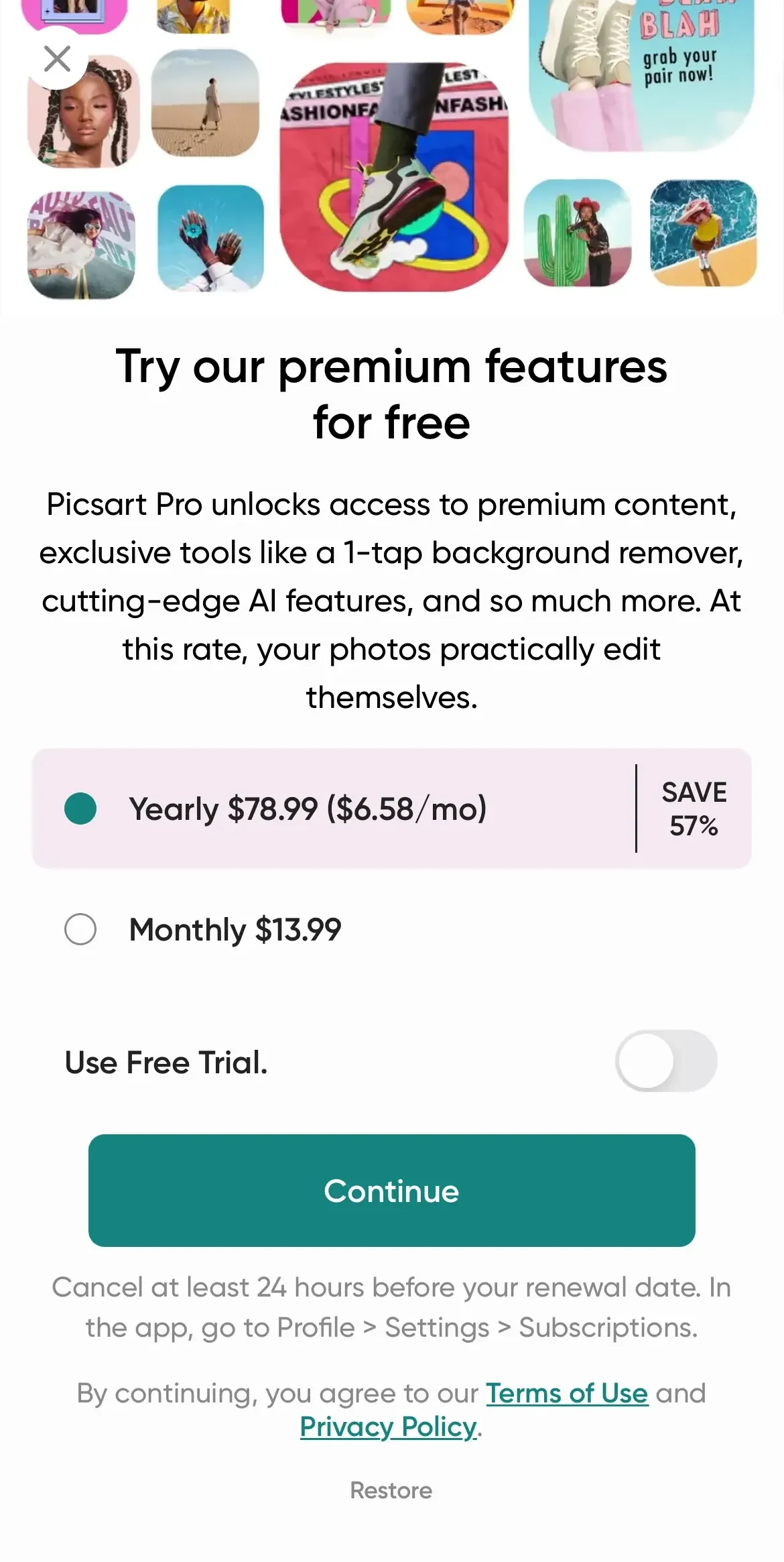 Picsart paywall screen