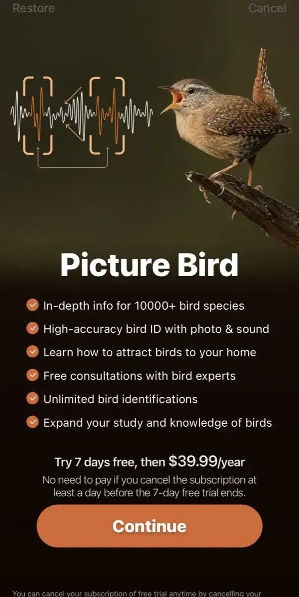 Picture Bird paywall screen