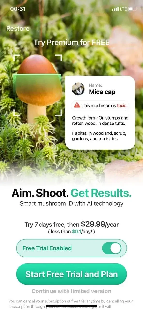 Picture Mushroom paywall screen