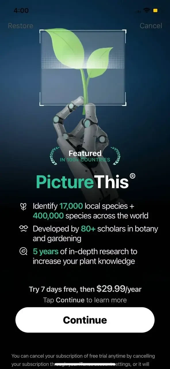 PictureThis paywall screen