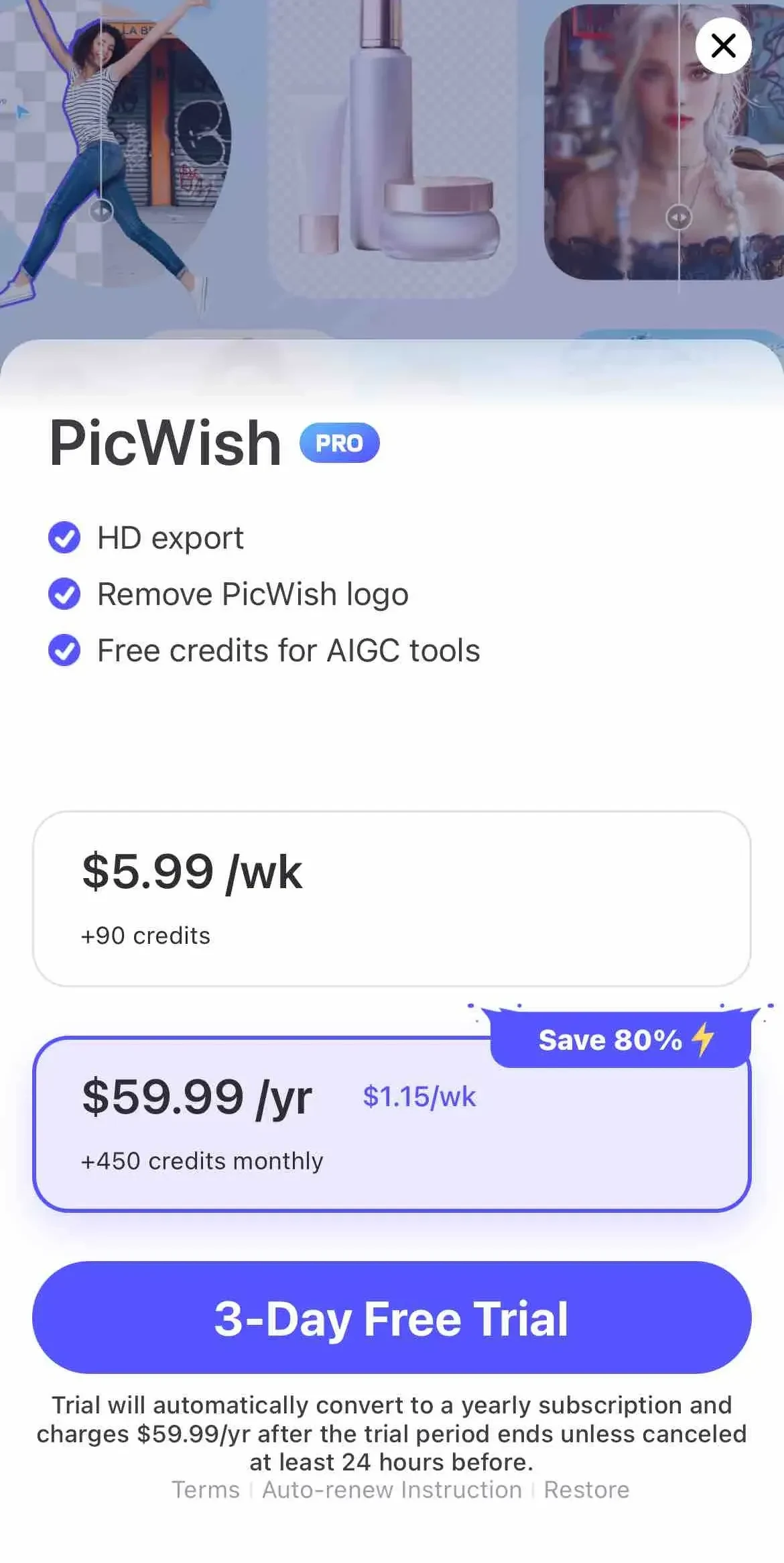 PicWish paywall screen