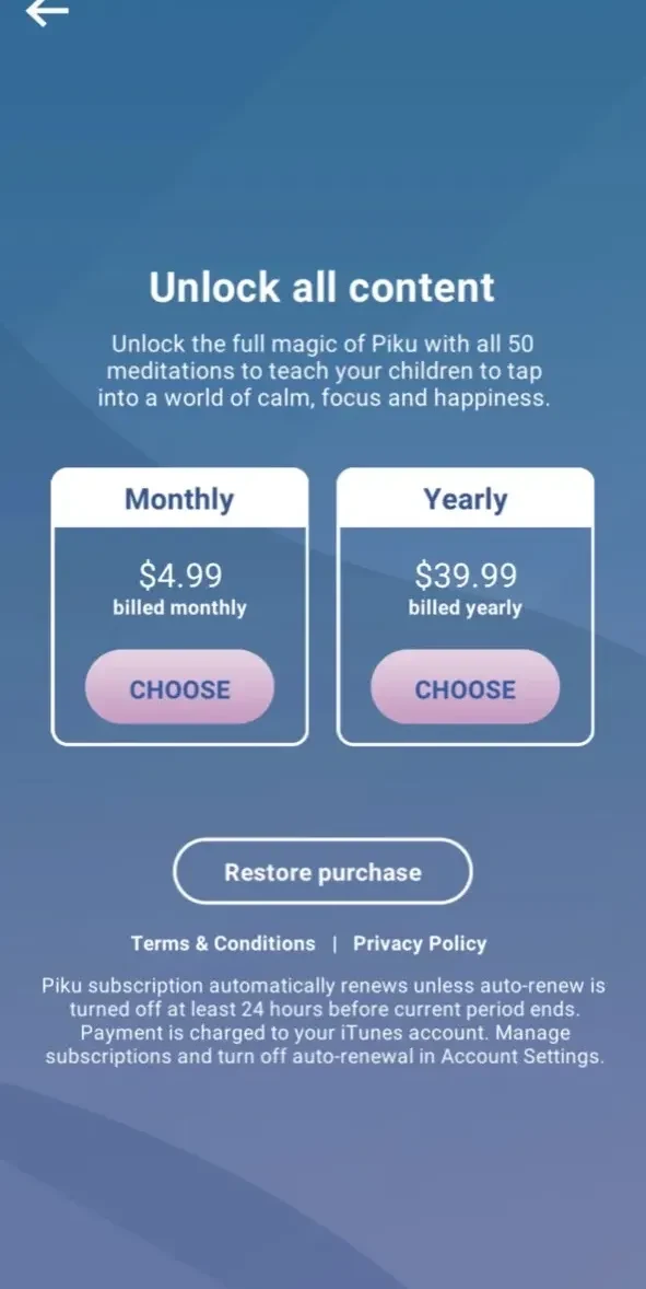 Piku paywall screen