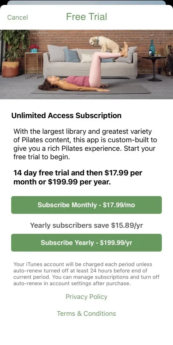 Pilates Anytime Workouts paywall screen