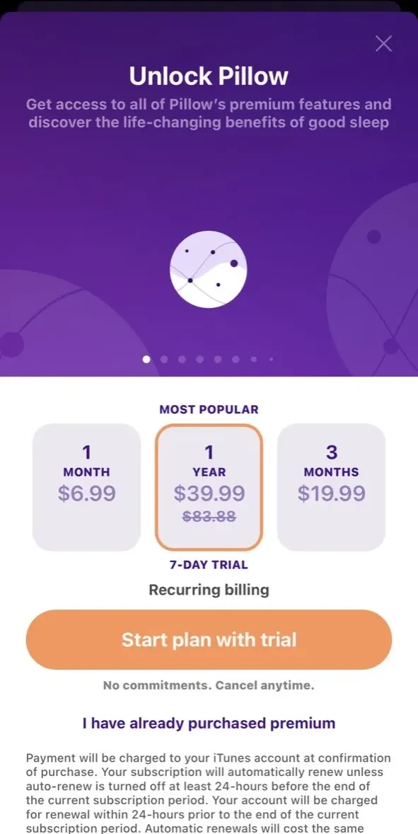 Pillow paywall screen